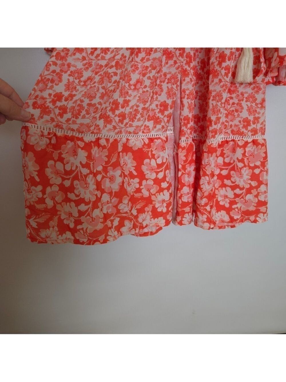 COSITA LINDA FULL WRAP DRESS BEACHWEAR ORANGE WHITE RUFFLES FLOWY BOHO SZ MEDIUM - Picture 9 of 15